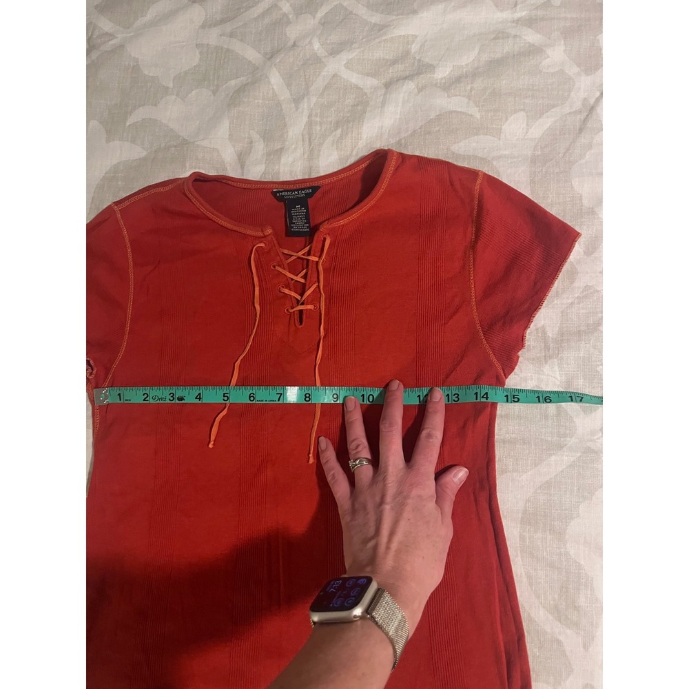 American Eagle y2k 90s babydoll lace up t shirt orange red medium - Picture 6 of 8
